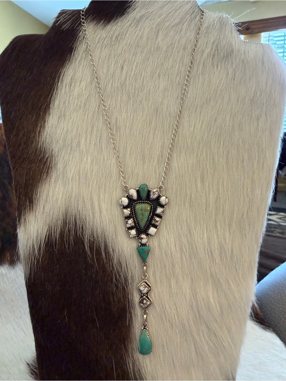 ❤️Lariat-style 24”L ADJ Wild Horse Jasper and Kingman Turquoise 925 Necklace 17G - Picture 3 of 11
